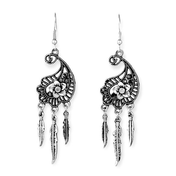 Silver Rhinestone Floral Feathers Tassel Dangle Earrings NEW - Picture 1 of 4